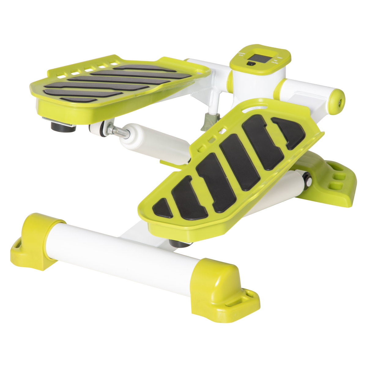 Yellow portable mini stepper with white frame, LCD console, and two black pedal platforms