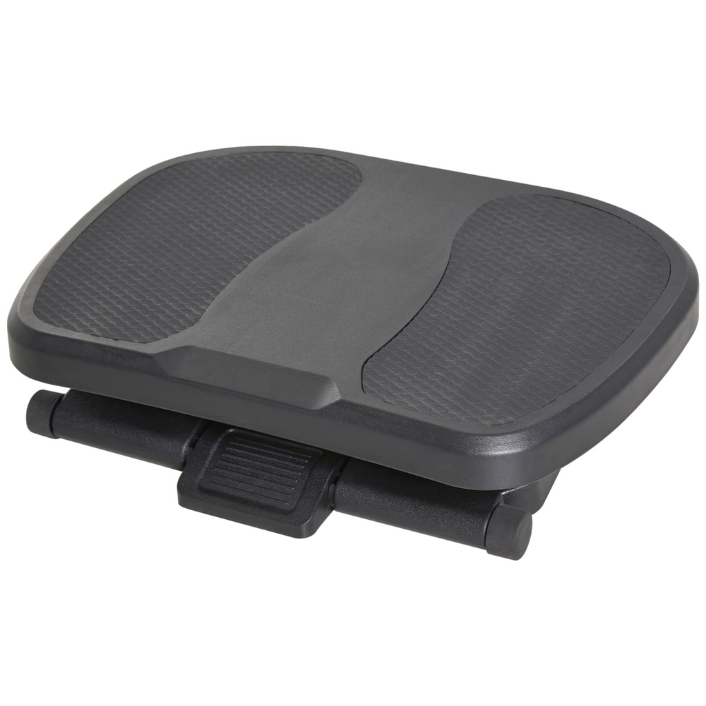 Adjustable under-desk footrest with textured top pads and dual support legs