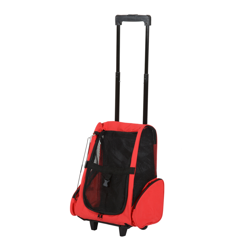 Red and black pet carrier backpack with telescoping handle and front mesh door