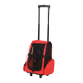 Red and black pet carrier backpack with telescoping handle and front mesh door