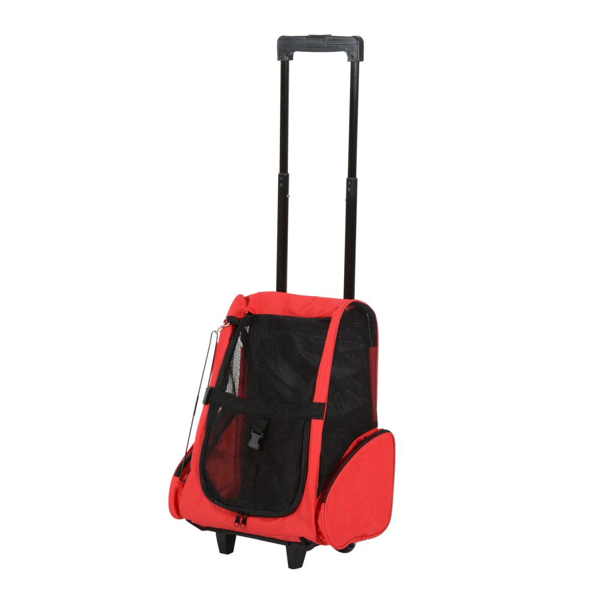Red and black pet carrier backpack with telescoping handle and front mesh door
