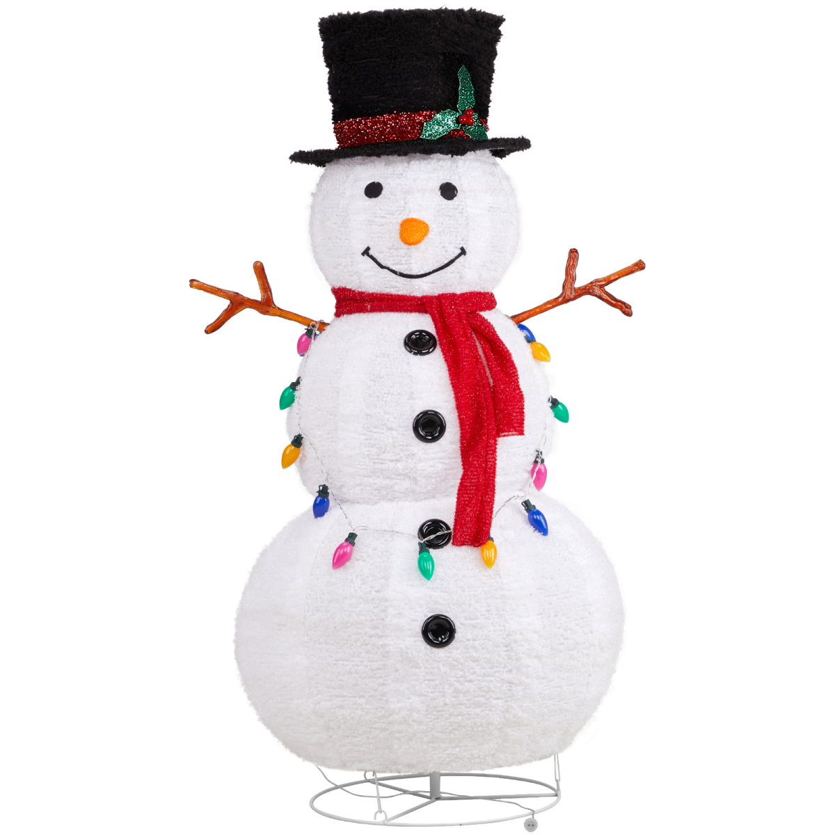 White plush snowman decoration with black top hat, red scarf, and colorful string lights