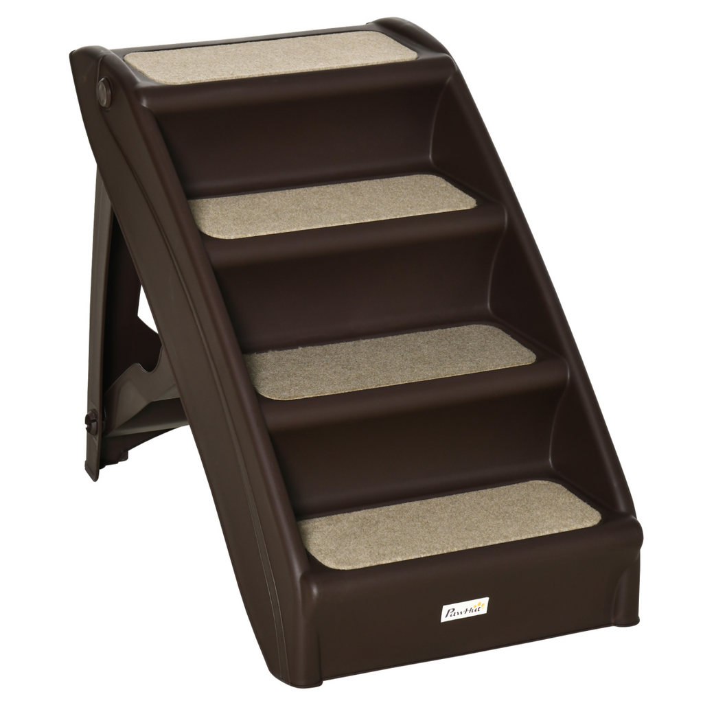 Foldable 4-step pet stairs in brown with textured, non-slip tread surfaces