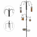 Black bird feeding station with hanging wire feeders and curved hooks, no tray shown