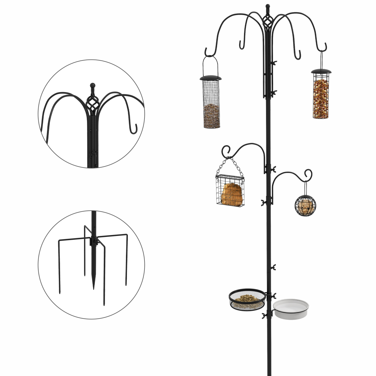 Black bird feeding station with hanging wire feeders and curved hooks, no tray shown