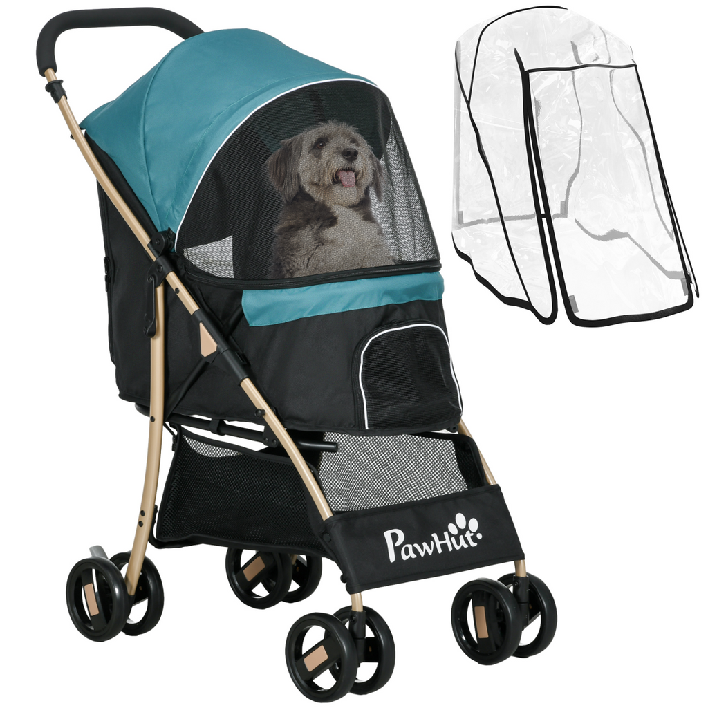 Foldable pet stroller with teal canopy and dark mesh sides, small-dog seat