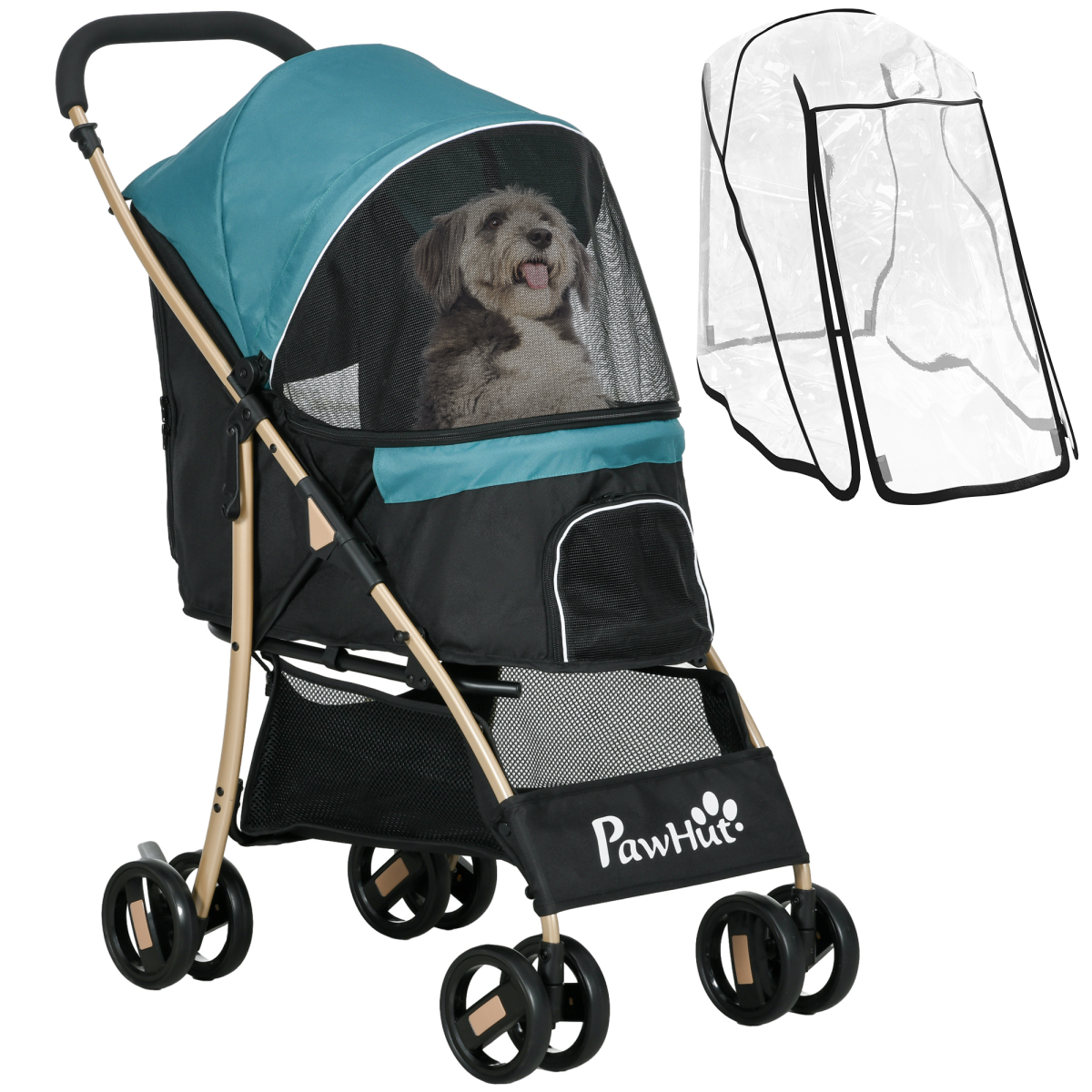 Foldable pet stroller with teal canopy and dark mesh sides, small-dog seat