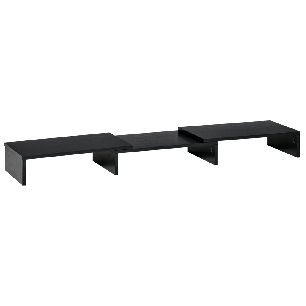 Dual monitor stand riser in dark finish with built-in under-desk storage shelves
