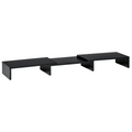 Dual monitor stand riser in dark finish with built-in under-desk storage shelves