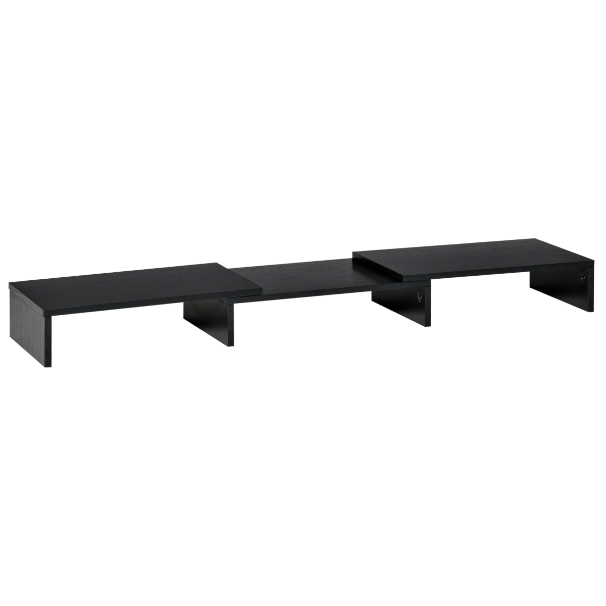 Dual monitor stand riser in dark finish with built-in under-desk storage shelves