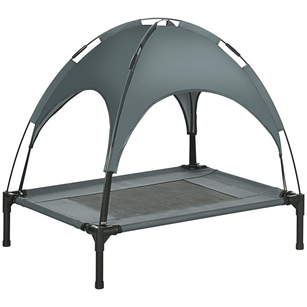 Grey elevated dog bed with arched UV canopy and raised mesh platform
