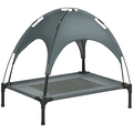 Grey elevated dog bed with arched UV canopy and raised mesh platform