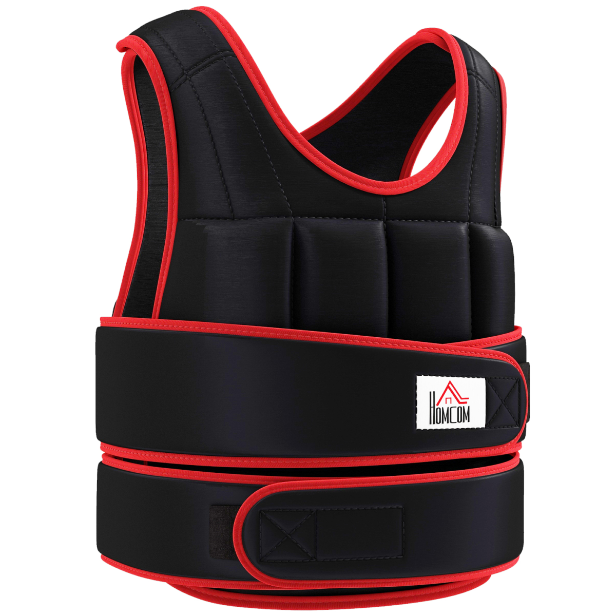 Black weighted training vest with red piping, padded front and adjustable waist straps