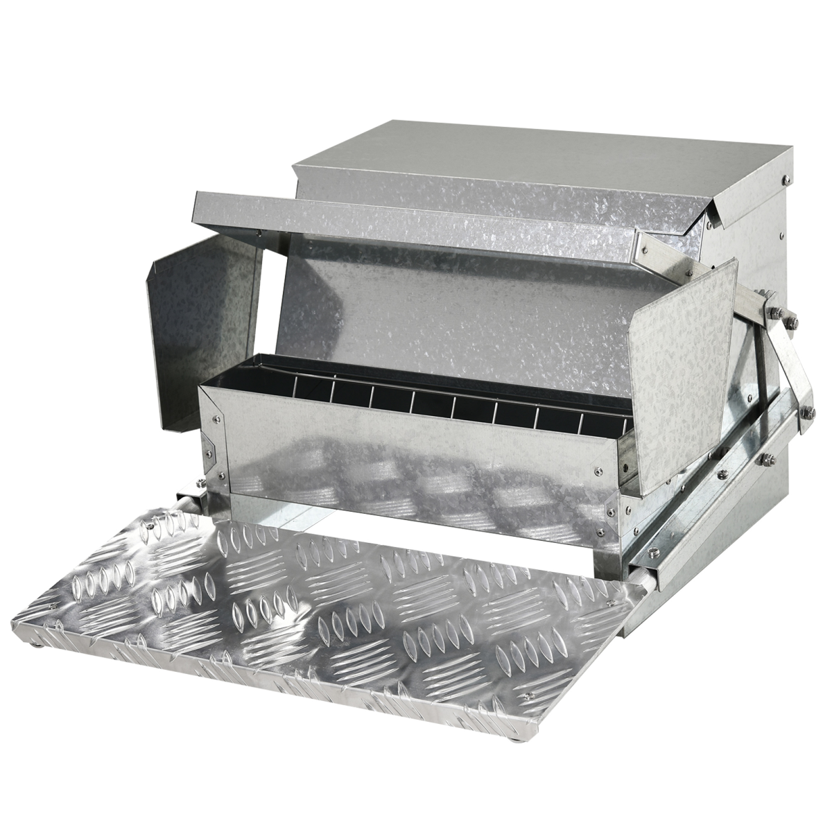 Galvanized steel automatic chicken feeder with open trough and hinged lid
