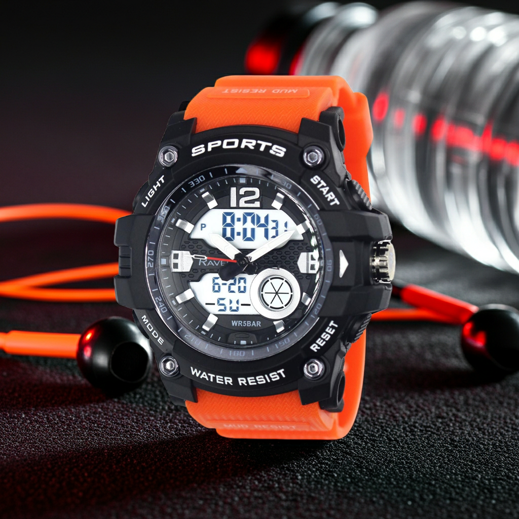 Sports dual-time watch with black case and orange silicone strap, digital display and buttons