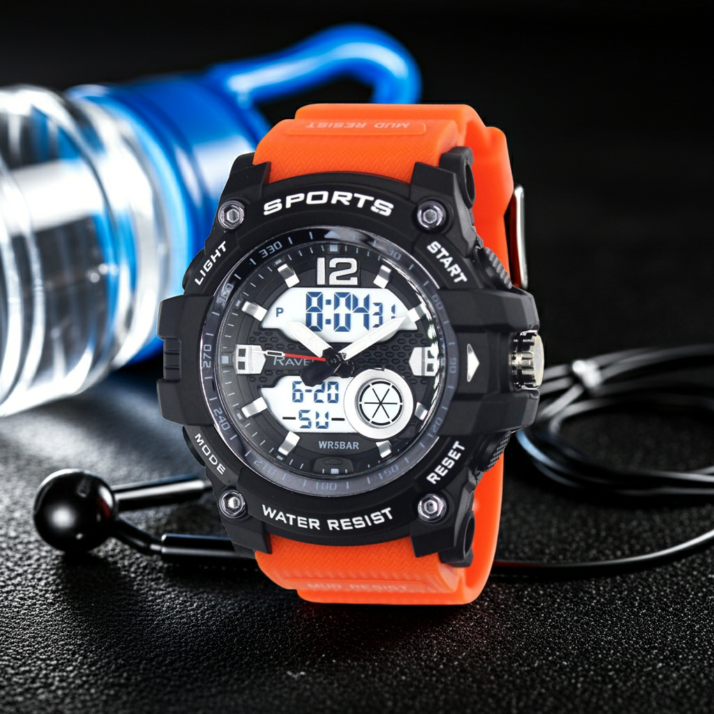 Orange and black sports dual-time watch, round digital face with side buttons
