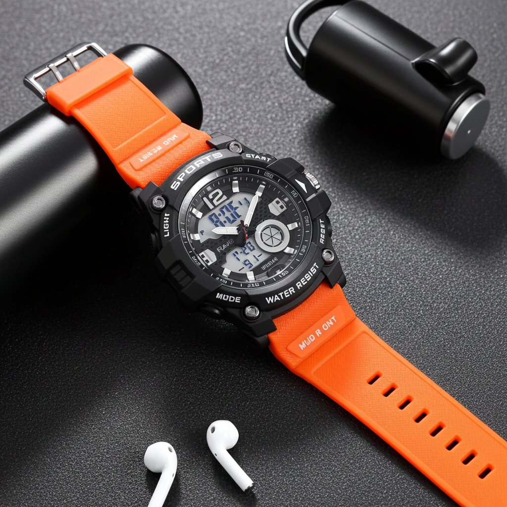Orange silicone sport watch strap with black rugged case, dual-time digital screen