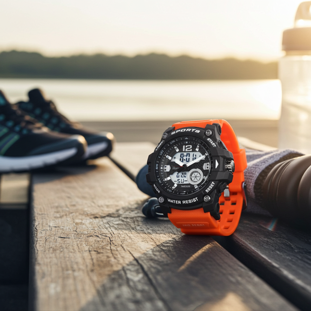 Orange sport digital watch on wrist, black case and dual-time face with date window