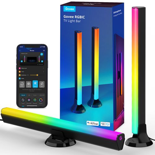 Govee RGBIC TV light bar twin pack, two slim black bars on tabletop stands with color glow.