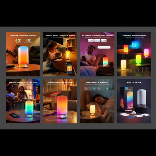 RGB smart table lamp glowing near a smartphone app showing light controls